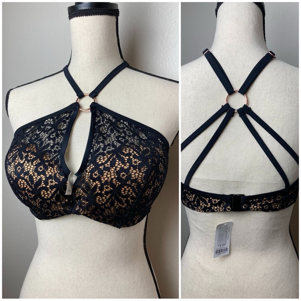 NWT 36D Underwire Bikini Top Adjustable Straps Crochet Lace Overlay Swim Bra